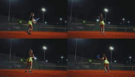 活跃的女运动员在户外球场进行网球锻炼高清在线视频素材下载