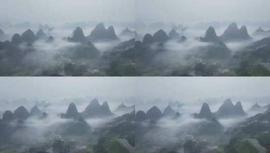 晨雾中航拍桂林漓江自然景区喀斯特山脉高清在线视频素材下载
