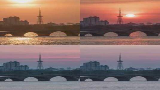 竖版4K 苏州东吴塔和宝带桥日落夕阳延时高清在线视频素材下载