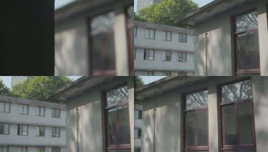 岭南老建筑老校区工字楼红色窗框墙体裂缝高清在线视频素材下载