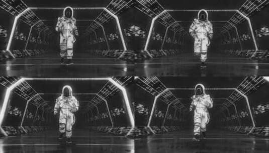 一名宇航员跑过黑色科幻隧道高清在线视频素材下载