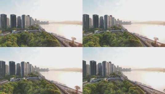 杭州钱塘江边建筑夕阳航拍高清在线视频素材下载