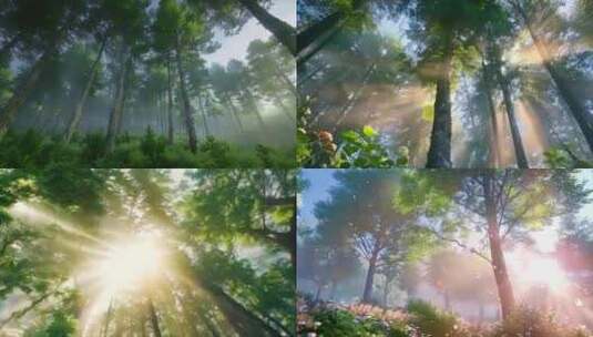 唯美森林丁达尔逆光云雾春天树大自然风景风高清在线视频素材下载
