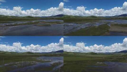 高原湿地蓝天白云航拍高清在线视频素材下载