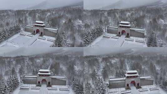 航拍东北下暴雪林海雪原威虎山影视城高清在线视频素材下载