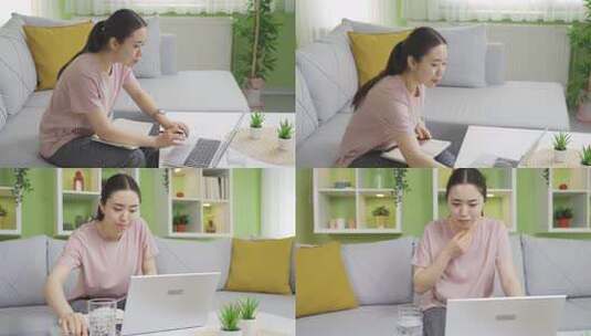 居家女性使用笔记本电脑办公高清在线视频素材下载