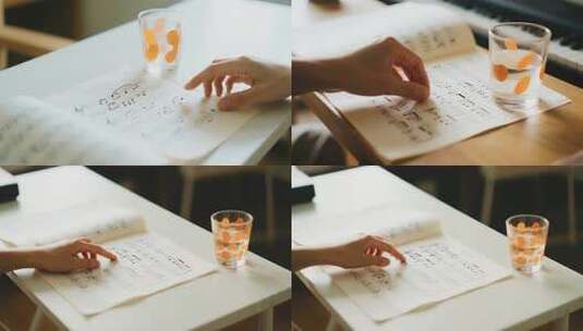 手在乐谱上指点学习音乐高清在线视频素材下载