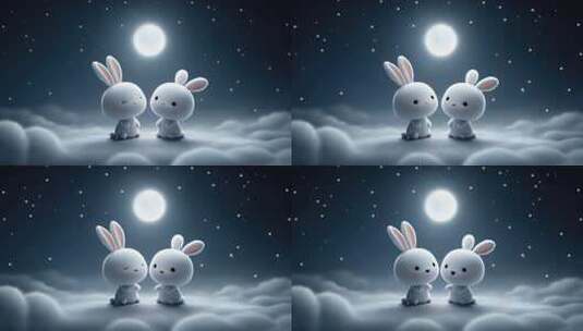 月夜下两只可爱小兔的温馨相遇高清在线视频素材下载
