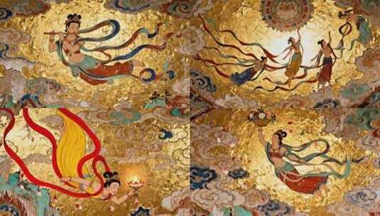 敦煌飞天壁画动态展示 金色飞天仙女舞蹈高清在线视频素材下载