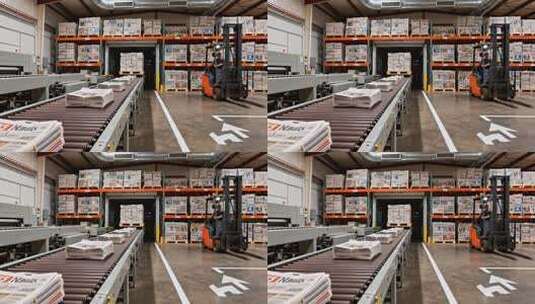 仓库内叉车搬运报纸场景高清在线视频素材下载