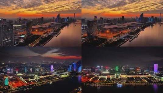 广交会展馆 琶洲会展晚霞航拍高清在线视频素材下载