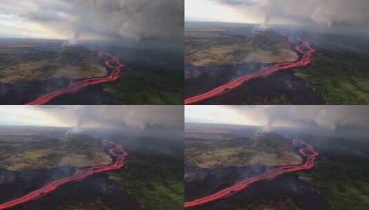 航拍火山爆发的巨大熔岩流高清在线视频素材下载
