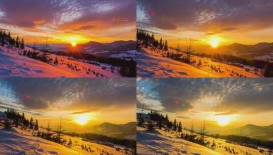 白雪皑皑的冬山上的日落高清在线视频素材下载