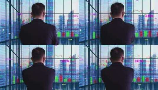 商务金融成功人士站立股票液晶屏幕窗前背影高清在线视频素材下载