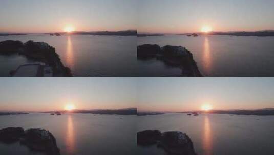 航拍日落下的千岛湖休闲度假村高清在线视频素材下载