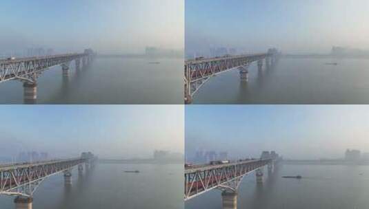 航拍货运火车通过九江长江大桥高清在线视频素材下载