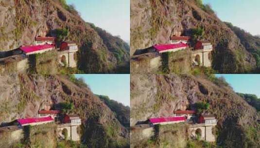 悬崖上的中国寺庙航拍高清在线视频素材下载