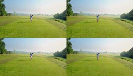 男子在开放的高尔夫球场打球高清在线视频素材下载