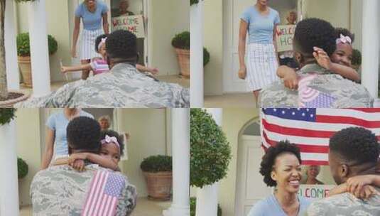 非裔美国男士兵用美国国旗拥抱他微笑的妻子和女儿高清在线视频素材下载