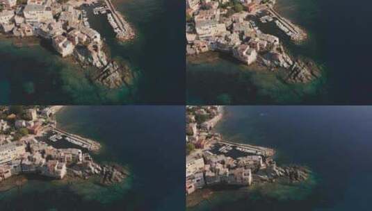 科西嘉岛特色石村港口鸟瞰图高清在线视频素材下载