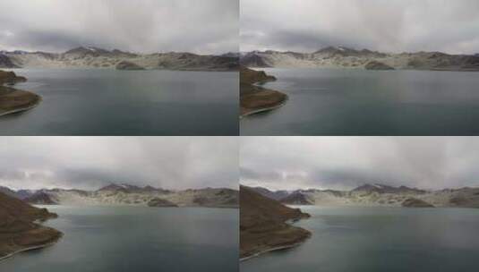 航拍新疆南疆帕米尔高原白沙湖阴天苍凉景色高清在线视频素材下载