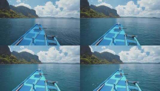 菲律宾巴拉望热带岛屿厄尔尼多，船只悬停在水面上。陡峭的山脉高清在线视频素材下载