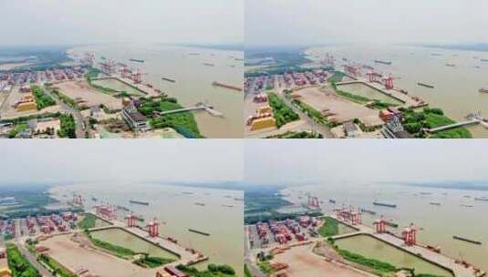 航拍长江物流码头港口轮船集装箱装卸货物高清在线视频素材下载