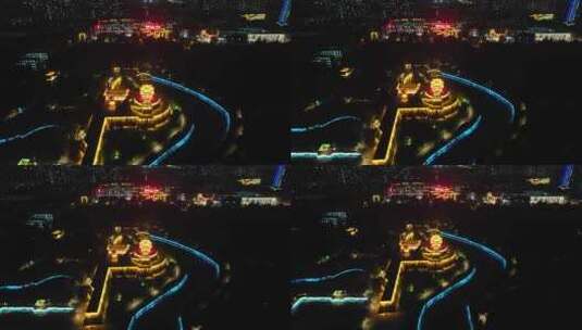 河北邯郸丛台公园夜景灯光航拍高清在线视频素材下载