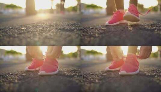 清晨跑步阳光系鞋带高清在线视频素材下载