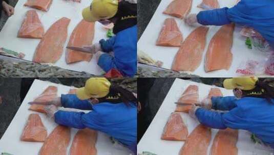 海鲜市场早市客户顾客选切三文鱼4K高清在线视频素材下载