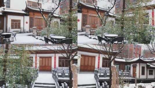 北京大雪下的古建筑竹叶雪花高清在线视频素材下载