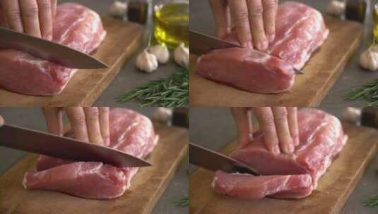 厨师在切开一块新鲜肉高清在线视频素材下载