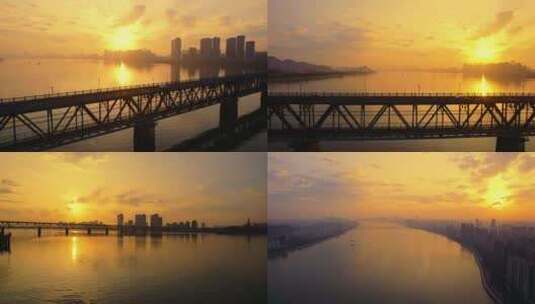 杭州钱塘江大桥日出航拍高清在线视频素材下载