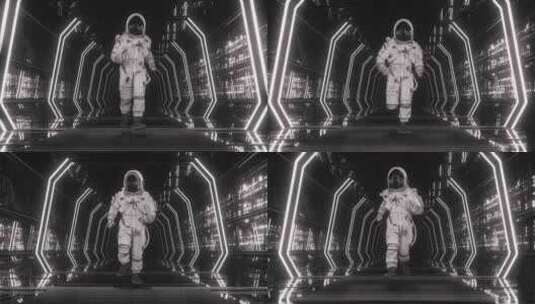 一名宇航员跑过黑白隧道高清在线视频素材下载