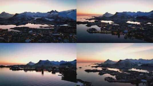 4K航拍挪威斯沃尔维尔城市日落晚霞风景高清在线视频素材下载