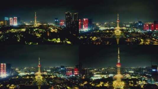 广东佛山电视塔夜景灯光航拍高清在线视频素材下载