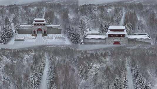 航拍东北下暴雪林海雪原威虎山影视城高清在线视频素材下载