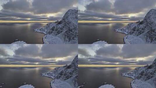 挪威罗弗敦群岛北极圈雷纳冬季雪景高空航拍高清在线视频素材下载