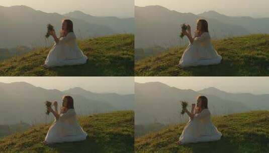 女人在山景中享受大自然高清在线视频素材下载