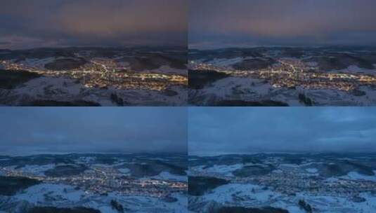 积雪覆盖的山间城市乡镇夜晚灯光延时特写高清在线视频素材下载