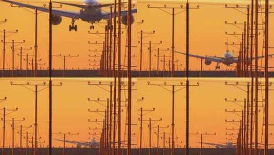 夕阳下飞机降落机场高清在线视频素材下载