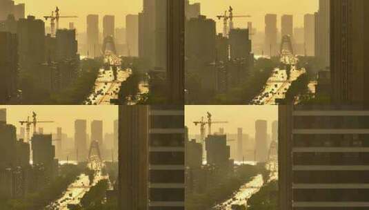 长焦拍摄清晨长沙福元路大桥缓缓的车流高清在线视频素材下载