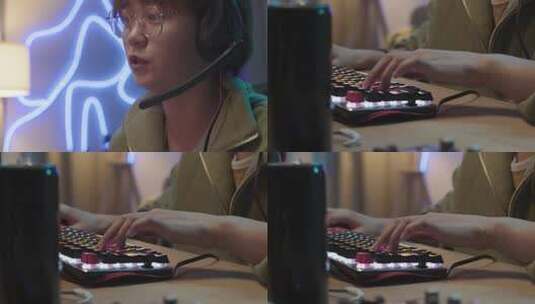 中国女玩家在玩电子游戏时戴着眼镜和耳机对着麦克风说话并按下键盘按钮的面部和手部特写镜头高清在线视频素材下载