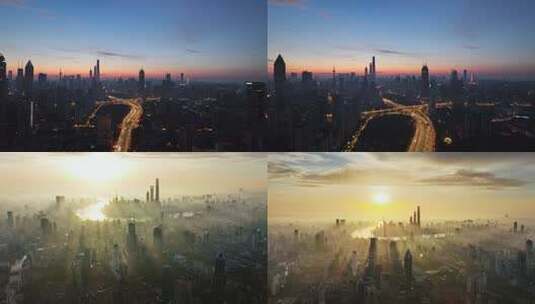 上海陆家嘴浦西日出鸟瞰上海地标高清在线视频素材下载