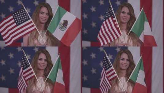手持墨西哥国旗和美国国旗的妇女高清在线视频素材下载