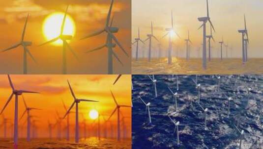 夕阳下大海风力发电风车高清在线视频素材下载