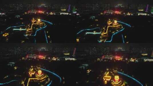 河北邯郸丛台公园夜景灯光航拍高清在线视频素材下载