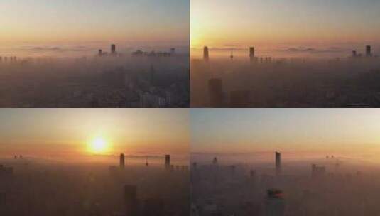 航拍 夕阳笼罩城市云雾高清在线视频素材下载