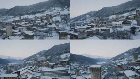 3955_白雪覆盖着古老塔楼的小镇高清在线视频素材下载