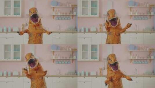 棕色恐龙在厨房跳滑稽舞蹈高清在线视频素材下载